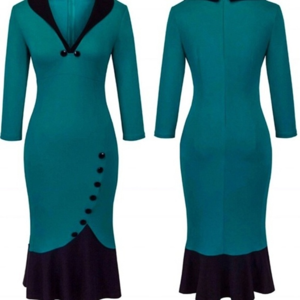 Rockabilly Pin Up Vintage Style Teal & Black Dress - Picture 3 of 8